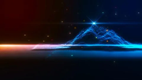 Abstract digital wireframe mountain with glowing blue light peak and bokeh .. Stock Illustration