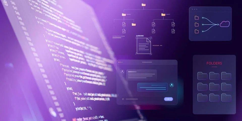 Abstract digital workspace dashboard. Floating UI UX elements showing cloud d Stock Photos