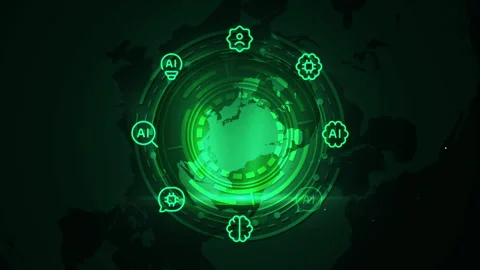 Abstract Digital World Map with AI Icons and Green Circles in Futuristic Styl 库存影片 339113769