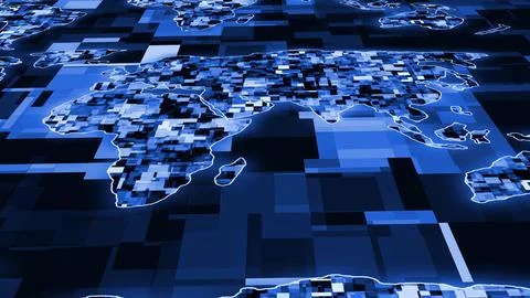 Abstract Digital World Map in Blue Pixels background 스톡 사진