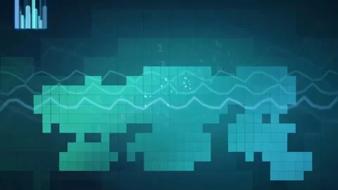 Abstract Digital World Map with Cyan Data Visualization and Block Animation Stock Footage 341071116
