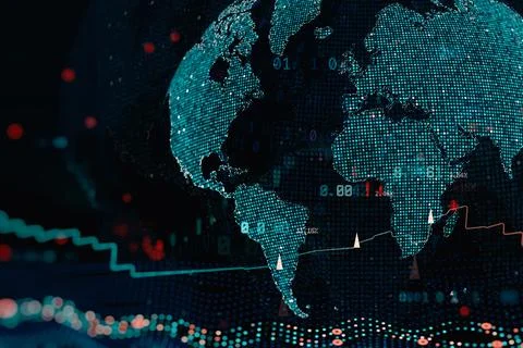 Abstract digital world map with financial data, charts and indicators. Concep Stock Illustration