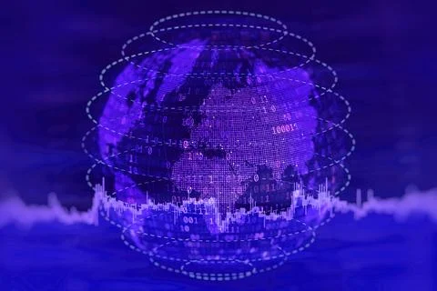 Abstract digital world map with financial data, charts and indicators. Concep Stock Illustration