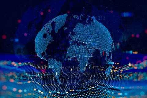 Abstract digital world map with financial data, charts and indicators. Concep Stock Photos