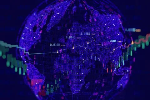 Abstract digital world map with financial data, charts and indicators. Concep Stock Photos