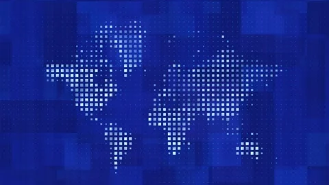 An abstract digital world map of glowing square pixels against a blue Stock Footage 333963446