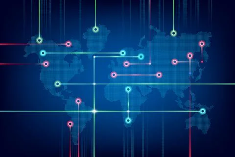 Abstract digital world map with interconnected points and glowing lines Stock Illustration