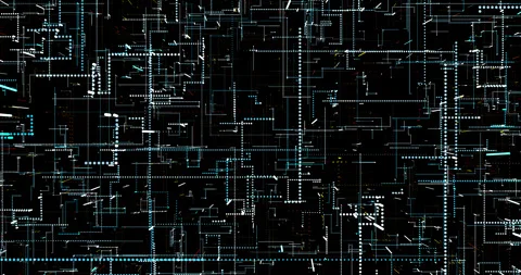 The abstract digital world pulsates with neon lines and dots, weaving the pa Stock Footage 325219010