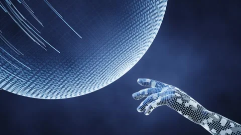 Abstract digital world with a wireframe human hand interacting with a glowi.. Stock Footage 332149838