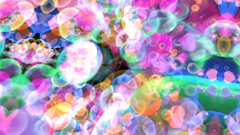 Abstract dimension rainbow bubbles with dancing hearts floating on black screen Stock Footage 152294350