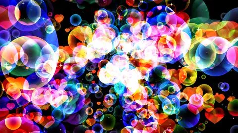Abstract dimension rainbow bubbles with hearts floating on black screen Stock Illustration