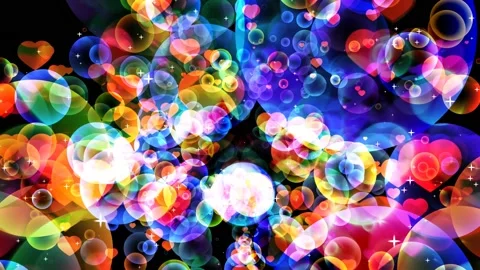 Abstract dimension rainbow dark tone bubbles with dancing hearts floating on Stock Footage 158789098