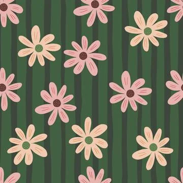 Abstract ditsy flowers seamless pattern on stripes background. Floral ornamen Illustrazione stock