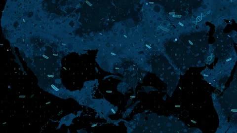 Abstract DNA and Code Overlay on World Map with Dark Blue Color Scheme 库存影片 339123475