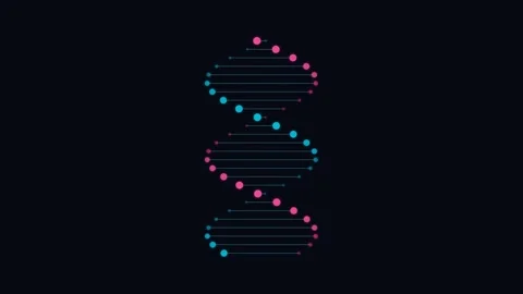 Abstract dna double helix structure rendered with glowing dots and lines Stockbeeldmateriaal 338310880