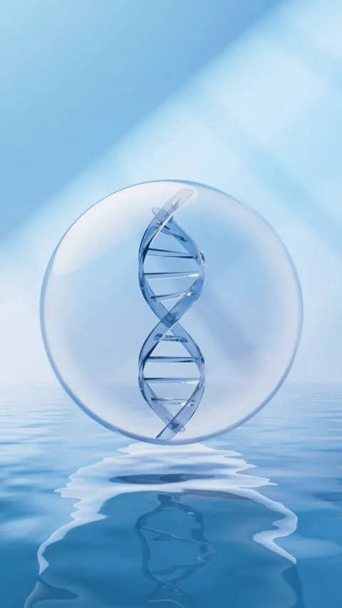 Abstract dna helix rotating in crystal sphere over blue water ripples in sl.. Stock Footage 332227747