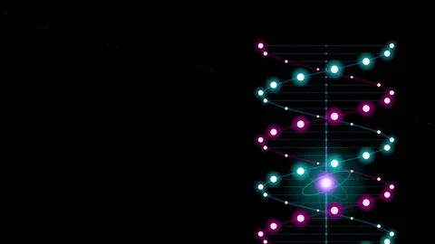 Abstract DNA helix spinning beside atom icon on black background in vertica.. Stock Footage 345896092