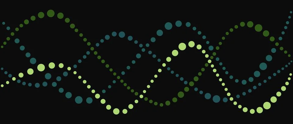 Abstract DNA helix structure formed by colorful dots on a black background Stock Illustration