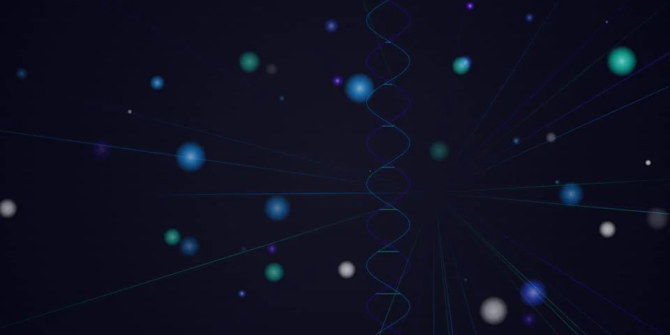 Abstract dna helix structure with glowing blue particles Stock Illustration