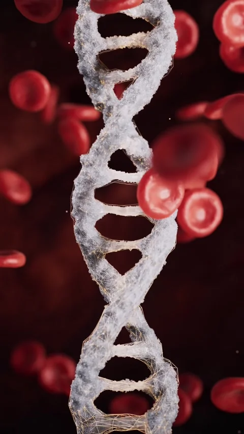 Abstract DNA helix surrounded by red blood cells in motion creating scienti.. Stock Footage 332151359