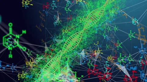 Abstract dna plexus particles Background. Gold dna on dark background. 3D Stock Footage 250468849