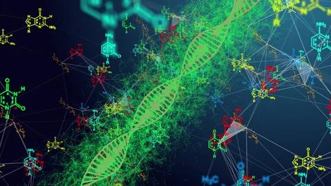 Abstract dna plexus particles Background. Gold dna on dark background. 3D Fotos de archivo