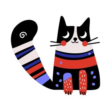 Abstract doodle cat. Cute naive kitten character with funny emotion, comic Stock Illustration