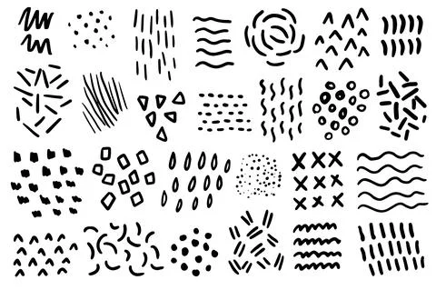 Abstract doodle collection of different shapes, brush strokes, patterns. Stock Illustration