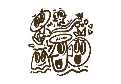 Abstract doodle composition featuring quirky monster characters with expres.. Illustrazione stock