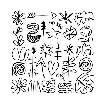 Abstract doodle elements vector illustration floral arrows hearts stars bla.. Illustrazione stock