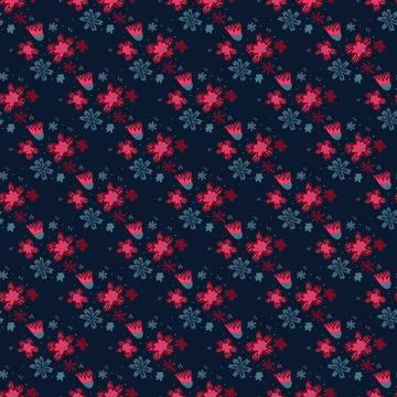 Abstract doodle folk seamless pattern with flowers pink shapes on navy blue b Illustrazione stock