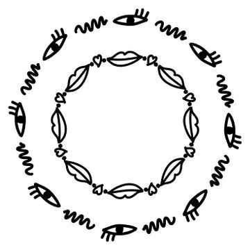 Abstract doodle frames set with eyes, lips and hearts. Isolated abstract hand Illustrazione stock