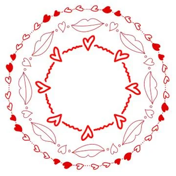 Abstract doodle frames set with hearts and lips. Isolated abstract hand drawn Stock Illustration