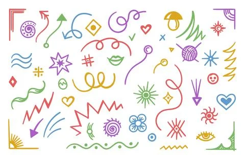 Abstract doodle lines, shapes arrows and scribble design elements set Stock Illustration