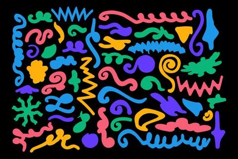 Abstract doodle lines shapes set naive retro graphic design neon bright colors Illustrazione stock
