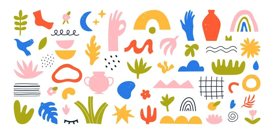 Abstract doodle objects set, colorful geometric shapes and textures, flowers 스톡 일러스트