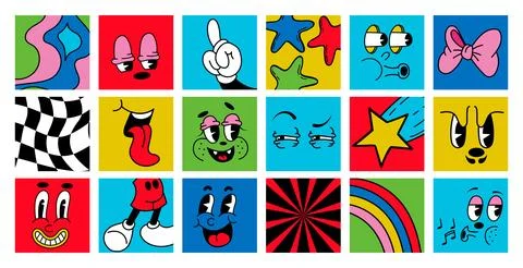 Abstract doodle patterns, face posters. Color squares, comic collage art, m.. Stock Illustration