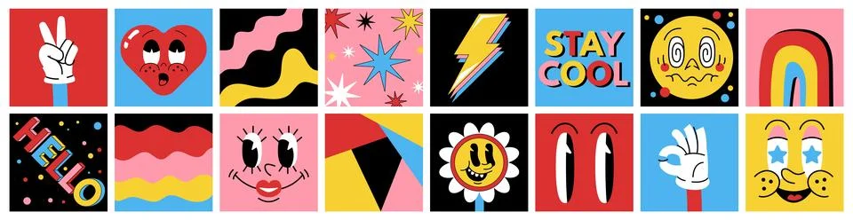 Abstract doodle patterns, funny face posters. Color squares, comic collage art Stock Illustration