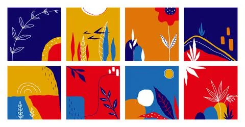 Abstract doodle posters set. Hand drawn curved shapes trendy colors, modern Stock Illustration