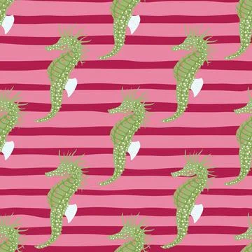 Abstract doodle seamless pattern with green seahorse hand drawn print. Bright Stock Illustration