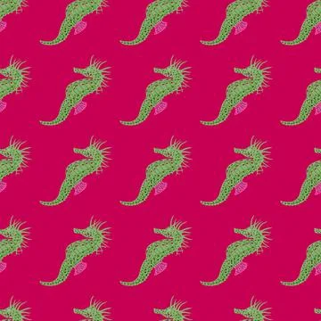 Abstract doodle seamless pattern with green seahorse hand drawn print. Stock Illustration