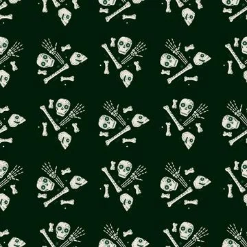 Abstract doodle seamless pattern with light blue skull and bones hand drawn o Illustrazione stock