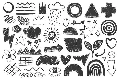 Abstract doodle shapes sticker pack with chalk or black pencil, crayon drawing Stock Illustration