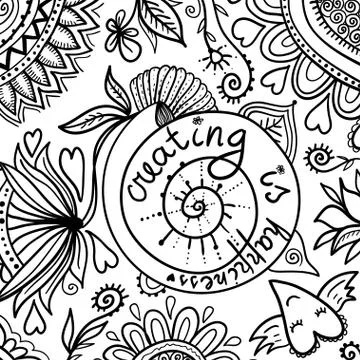 Abstract doodles and words "creating is happiness". Creative background. Deco Illustrazione stock