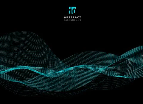 Abstract dots pattern blue particle waves on dark background with copy space. Stock Illustration