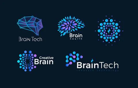 Abstract dotted brain, vector logo set. Dots human head shape icon collection Stock Illustration