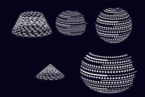 Abstract dotted geometric shapes set with sphere, cone and grid structures Stock Illustration