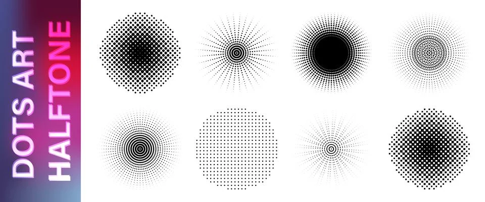 Abstract dotted round patterns pack. Round and square dots halftones retro style Stock Illustration