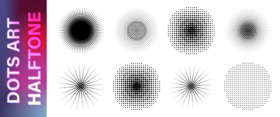 Abstract dotted round patterns pack. Round and square dots halftones retro style Stock Illustration