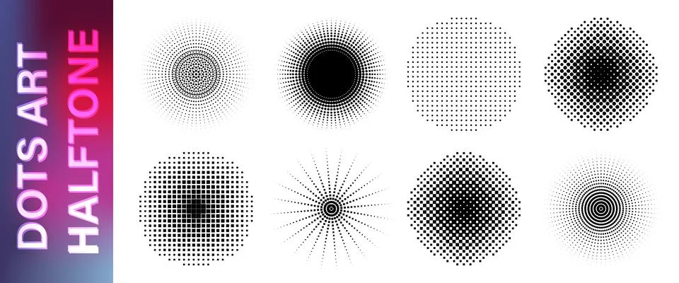 Abstract dotted round patterns pack. Round and square dots halftones retro style Stock Illustration